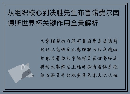 从组织核心到决胜先生布鲁诺费尔南德斯世界杯关键作用全景解析 从组织核心到决胜先生布鲁诺费尔南德斯世界杯关键作用全景解析